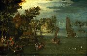 Jan Brueghel A Busy River Scene with Dutch Vessels and a Ferry oil on canvas